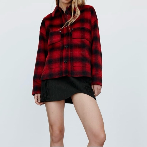 Zara Tartan Plaid Wool Blend Oversized High Low Shirt Jacket Red Women’s Large - Picture 1 of 6